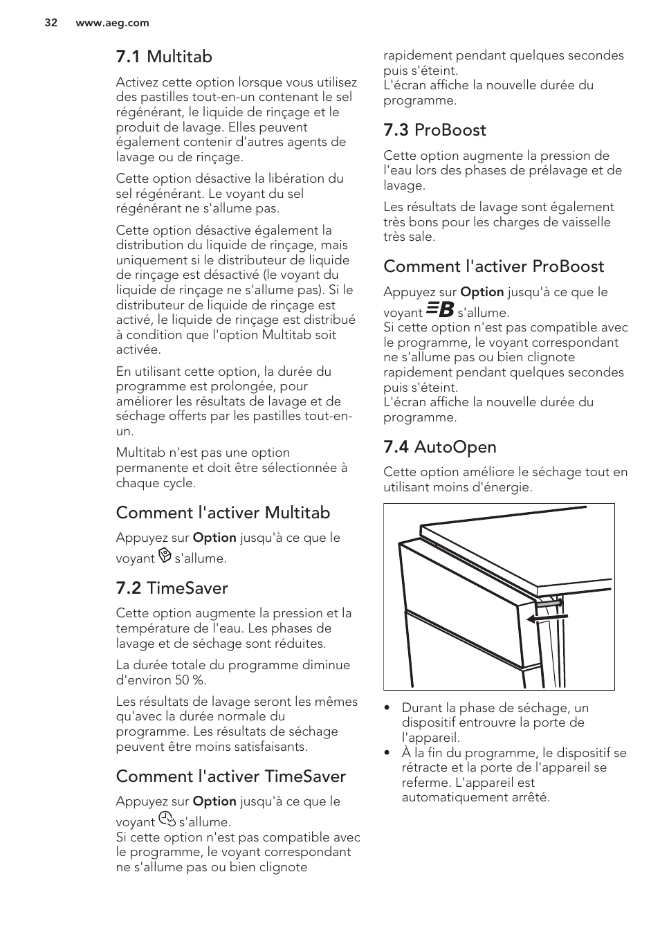1 multitab, Comment l'activer multitab, 2 timesaver | Comment l'activer timesaver, 3 proboost, Comment l'activer proboost, 4 autoopen | AEG F88070VI1P User Manual | Page 32 / 64