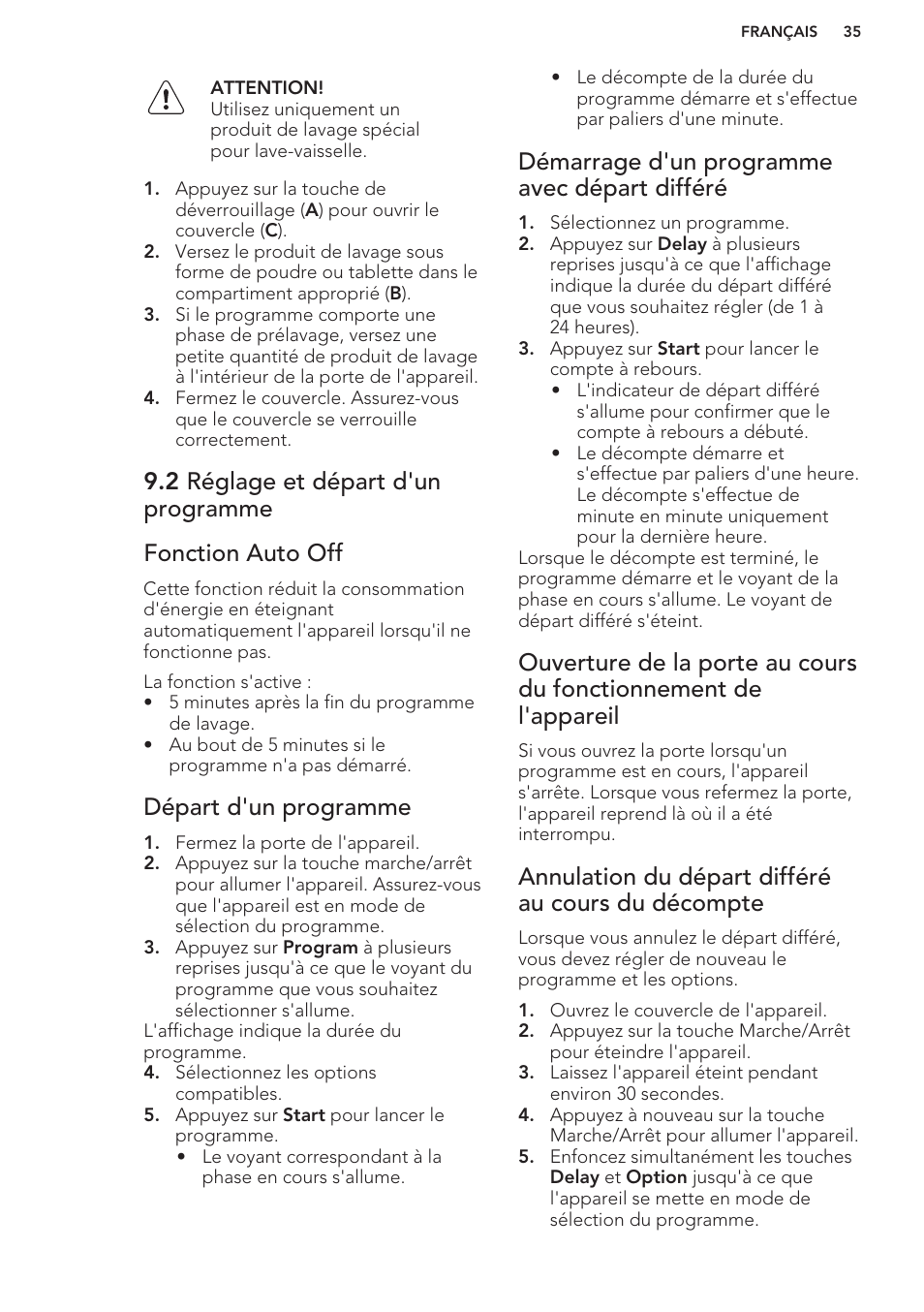 2 réglage et départ d'un programme, Fonction auto off, Départ d'un programme | Démarrage d'un programme avec départ différé, Annulation du départ différé au cours du décompte | AEG F88070VI1P User Manual | Page 35 / 64