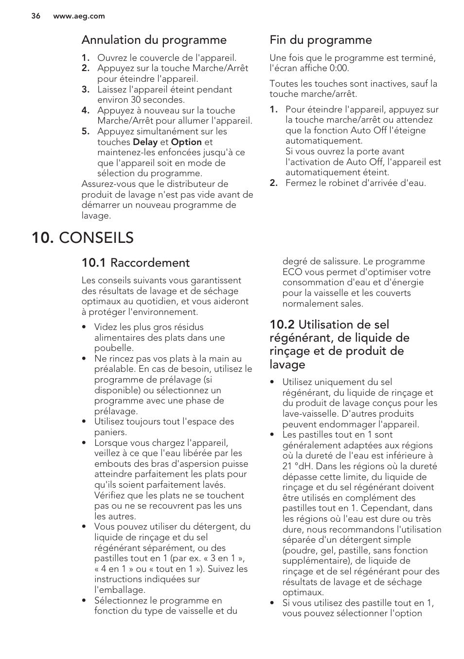Annulation du programme, Fin du programme, Conseils | 1 raccordement | AEG F88070VI1P User Manual | Page 36 / 64