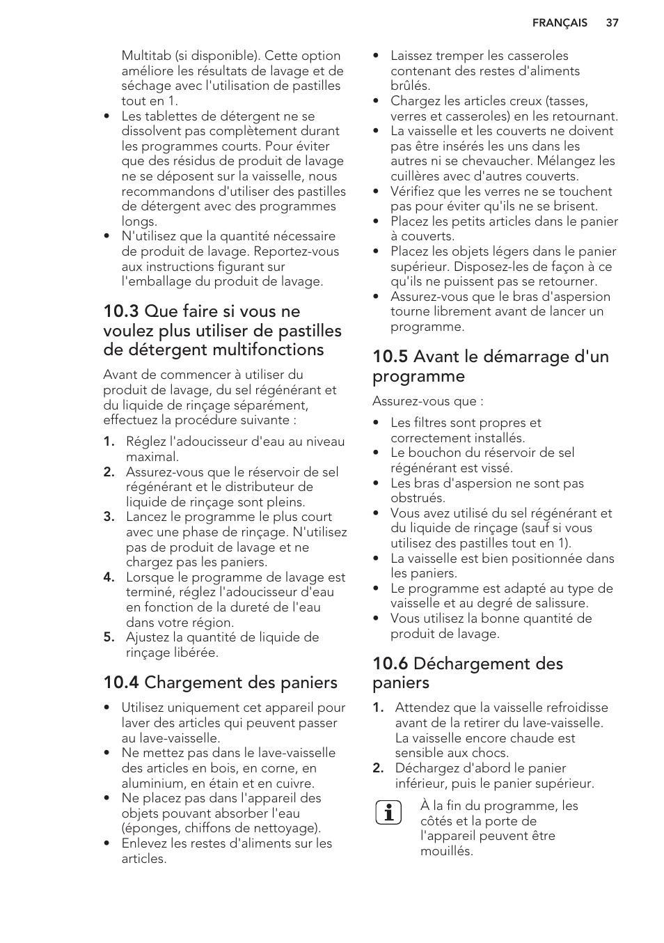 4 chargement des paniers, 5 avant le démarrage d'un programme, 6 déchargement des paniers | AEG F88070VI1P User Manual | Page 37 / 64