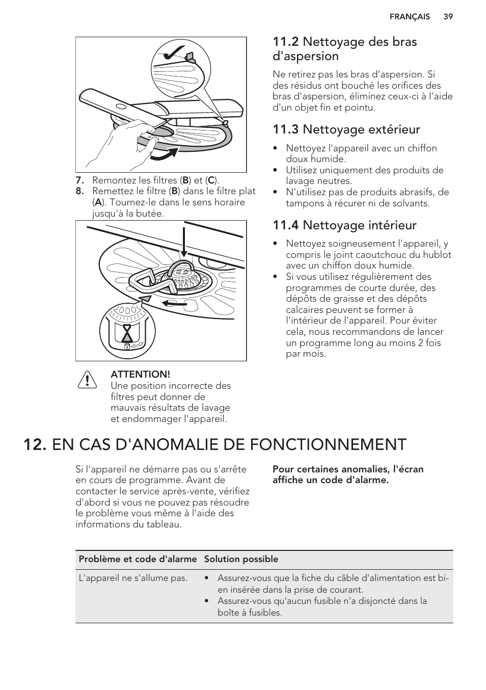 2 nettoyage des bras d'aspersion, 3 nettoyage extérieur, 4 nettoyage intérieur | En cas d'anomalie de fonctionnement | AEG F88070VI1P User Manual | Page 39 / 64