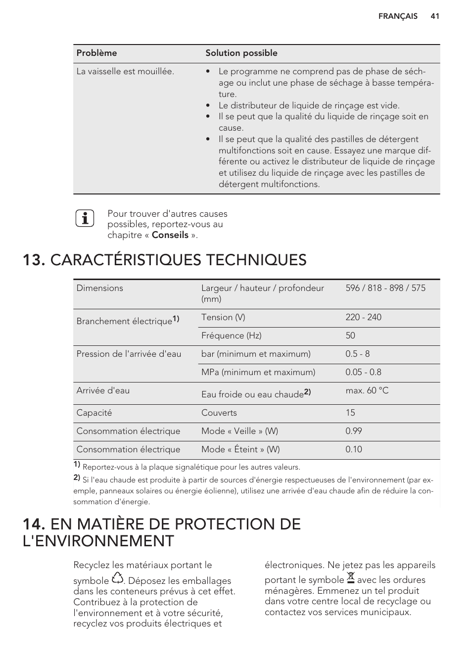 Caractéristiques techniques, En matière de protection de l'environnement | AEG F88070VI1P User Manual | Page 41 / 64