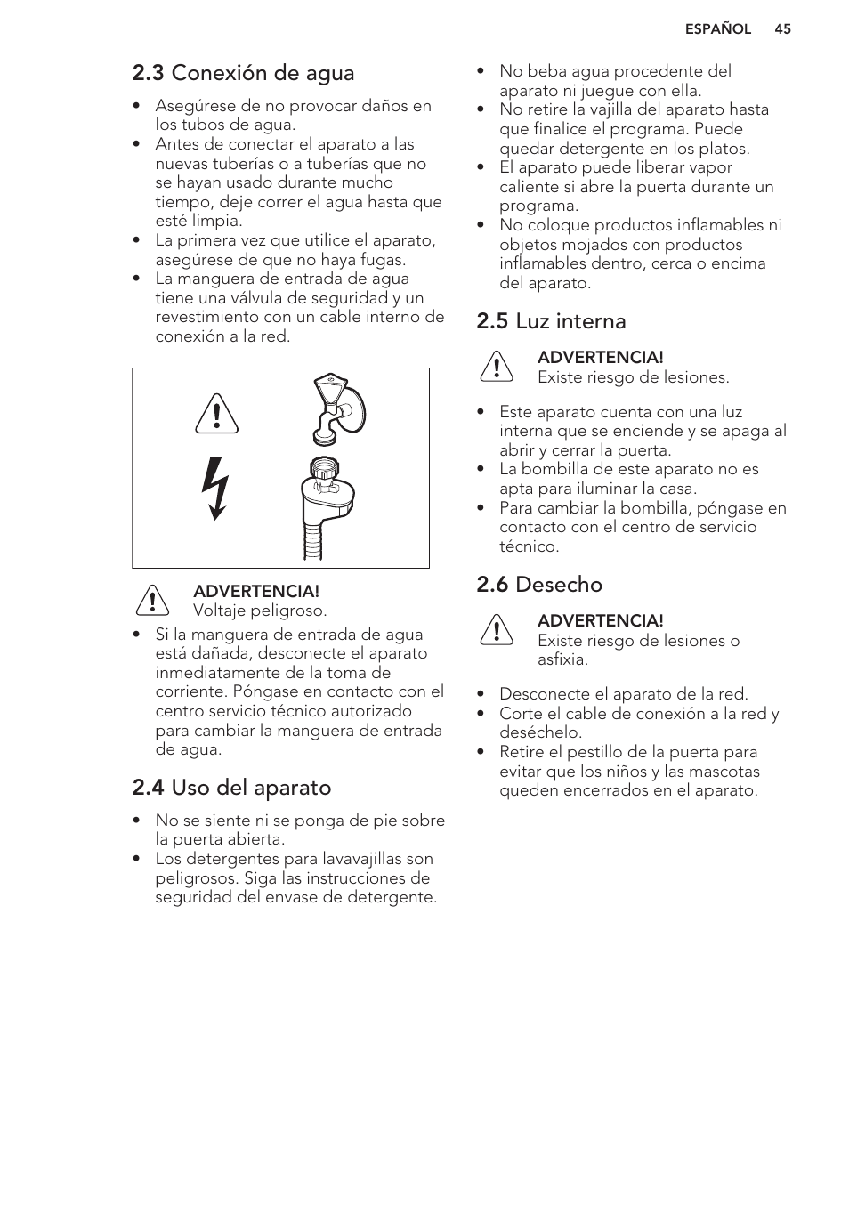 3 conexión de agua, 4 uso del aparato, 5 luz interna | 6 desecho | AEG F88070VI1P User Manual | Page 45 / 64