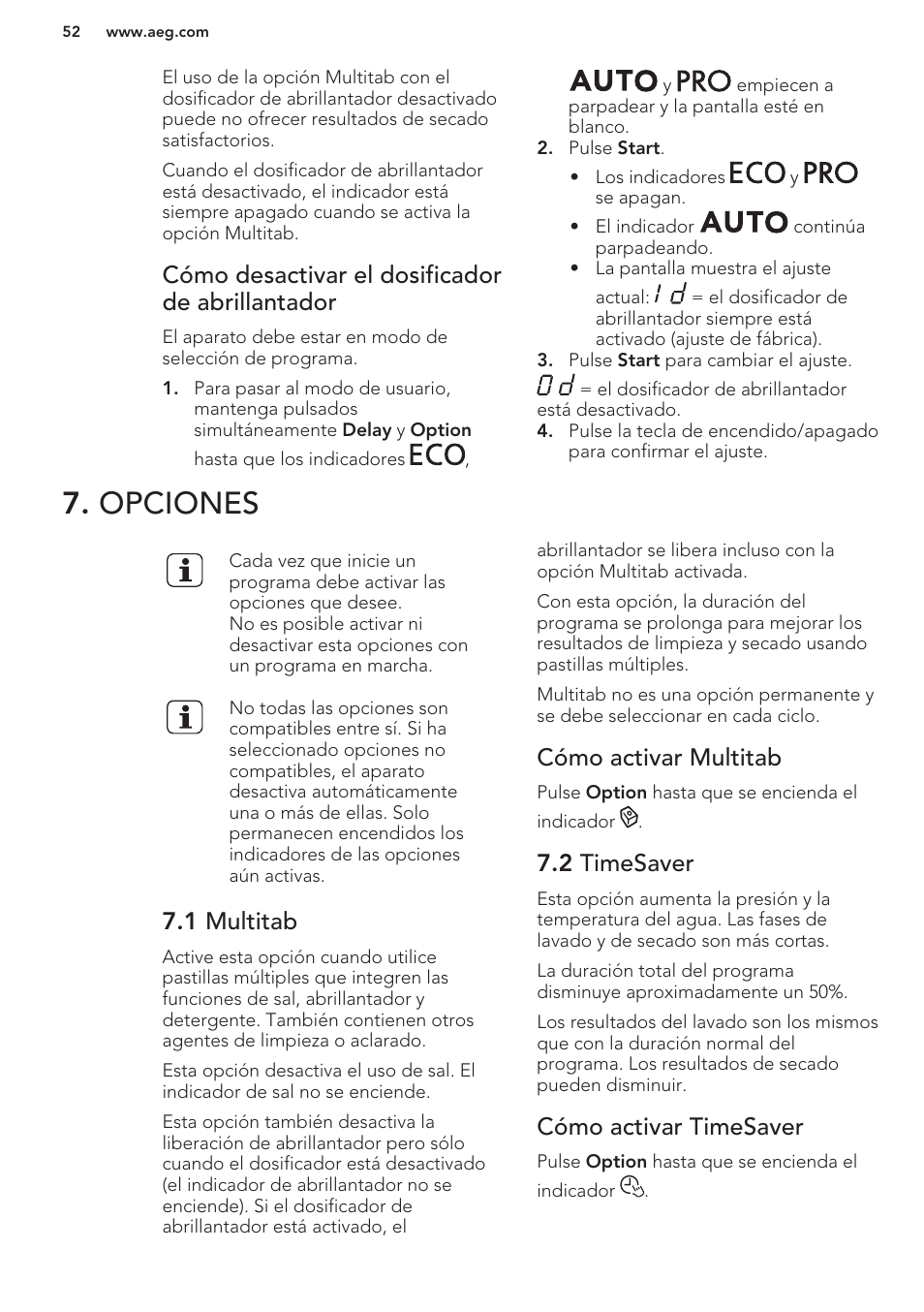 Cómo desactivar el dosificador de abrillantador, Opciones, 1 multitab | Cómo activar multitab, 2 timesaver, Cómo activar timesaver | AEG F88070VI1P User Manual | Page 52 / 64