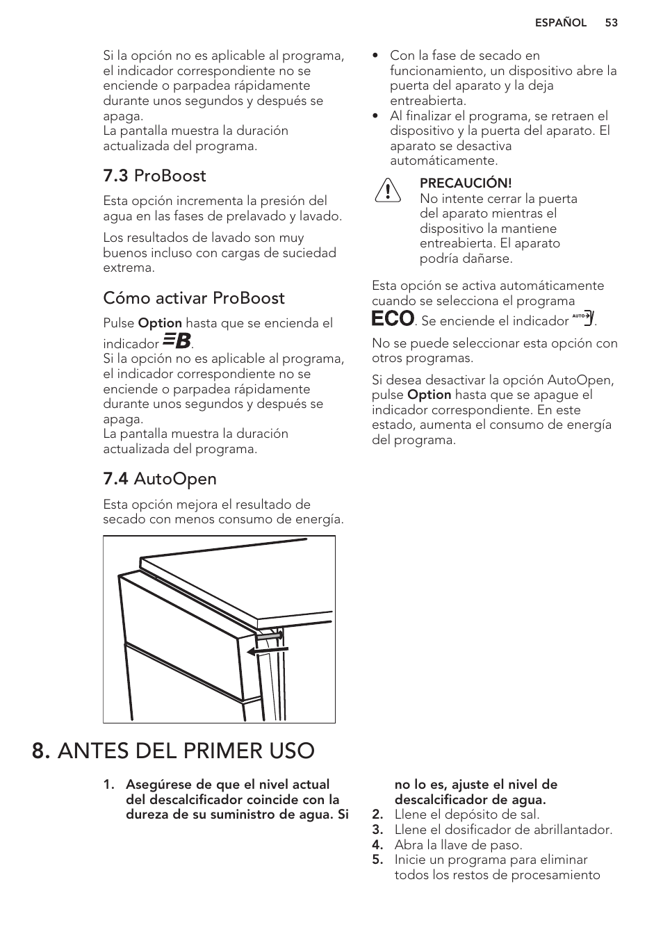 3 proboost, Cómo activar proboost, 4 autoopen | Antes del primer uso | AEG F88070VI1P User Manual | Page 53 / 64