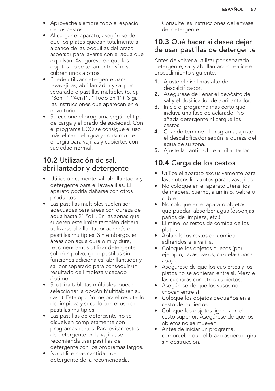 2 utilización de sal, abrillantador y detergente, 4 carga de los cestos | AEG F88070VI1P User Manual | Page 57 / 64
