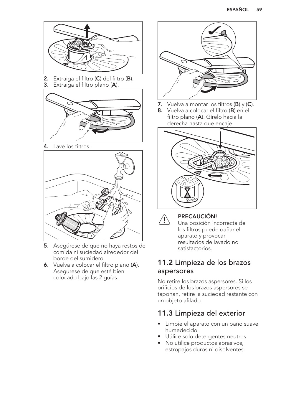 2 limpieza de los brazos aspersores, 3 limpieza del exterior | AEG F88070VI1P User Manual | Page 59 / 64