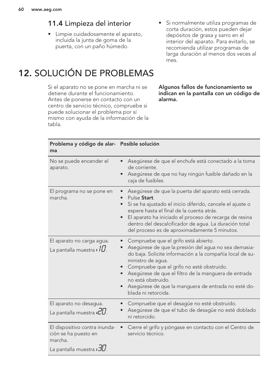 4 limpieza del interior, Solución de problemas | AEG F88070VI1P User Manual | Page 60 / 64