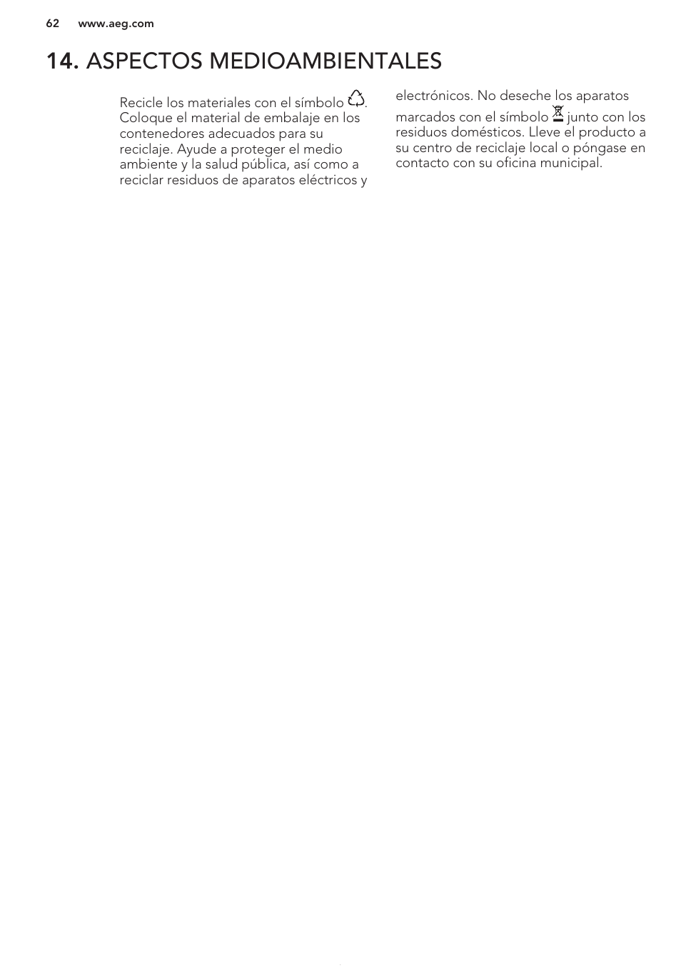 Aspectos medioambientales | AEG F88070VI1P User Manual | Page 62 / 64