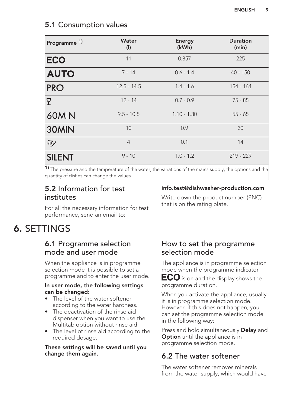 1 consumption values, 2 information for test institutes, Settings | 1 programme selection mode and user mode, How to set the programme selection mode, 2 the water softener | AEG F88070VI1P User Manual | Page 9 / 64