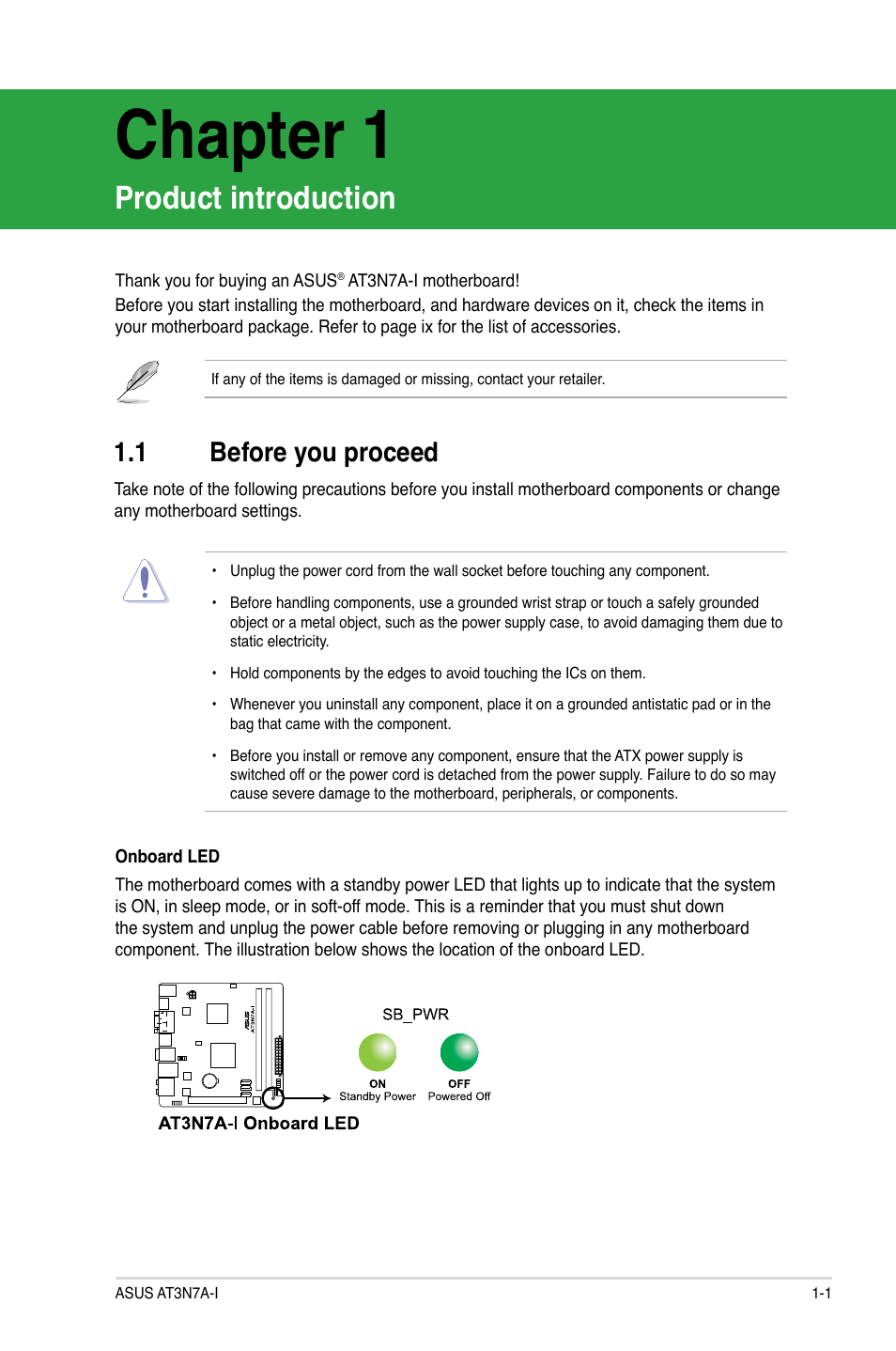 Chapter 1, Product introduction, 1 before you proceed | Before you proceed -1 | Asus AT3N7A-I User Manual | Page 10 / 40