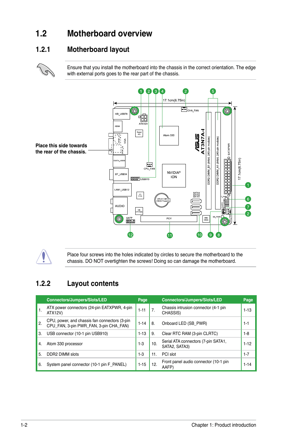 2 motherboard overview, 1 motherboard layout, 2 layout contents | Motherboard overview -2 1.2.1, Motherboard layout -2, Layout contents -2 | Asus AT3N7A-I User Manual | Page 11 / 40