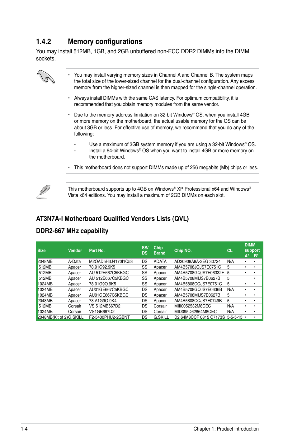 2 memory configurations, Memory configurations -4 | Asus AT3N7A-I User Manual | Page 13 / 40