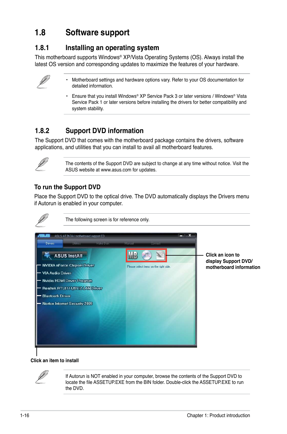 8 software support, 1 installing an operating system, 2 support dvd information | Software support -16 1.8.1, Installing an operating system -16, Support dvd information -16 | Asus AT3N7A-I User Manual | Page 25 / 40