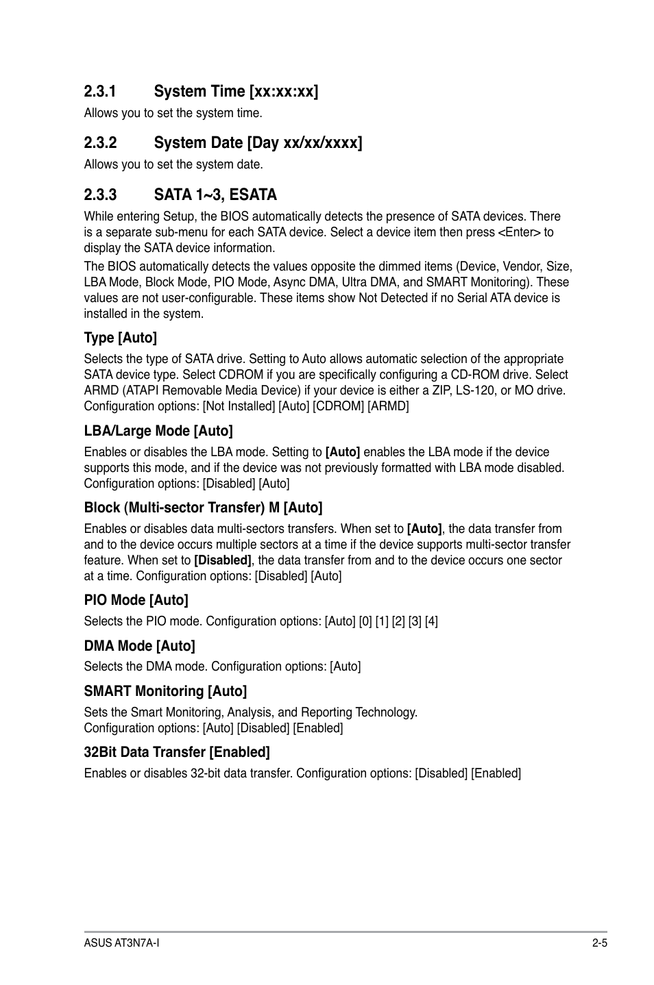 1 system time, 2 system date, 3 sata 1~3, esata | System time -5, System date -5, Sata 1~3, esata -5, 1 system time [xx:xx:xx | Asus AT3N7A-I User Manual | Page 30 / 40