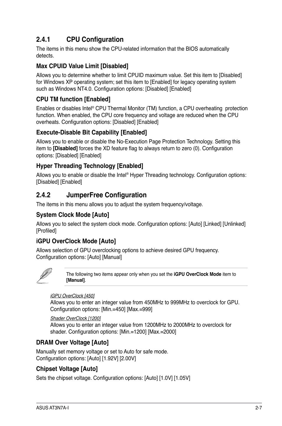 1 cpu configuration, 2 jumperfree configuration, Cpu configuration -7 | Jumperfree configuration -7 | Asus AT3N7A-I User Manual | Page 32 / 40