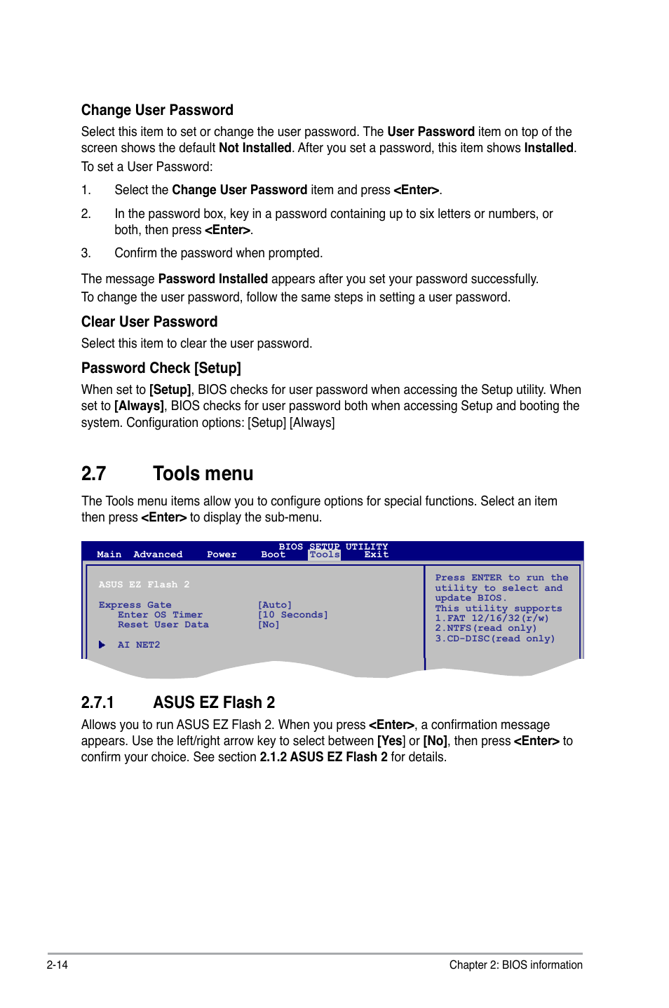 7 tools menu, 1 asus ez flash 2, Tools menu -14 2.7.1 | Asus ez flash 2 -14, Change user password, Clear user password, Password check [setup | Asus AT3N7A-I User Manual | Page 39 / 40