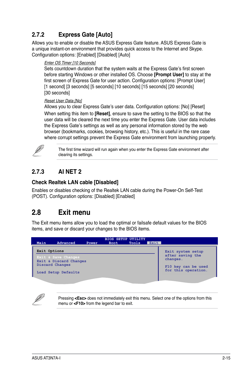 2 express gate, 3 ai net 2, 8 exit menu | Express gate -15, Ai net 2 -15, Exit menu -15, 2 express gate [auto, Check realtek lan cable [disabled | Asus AT3N7A-I User Manual | Page 40 / 40