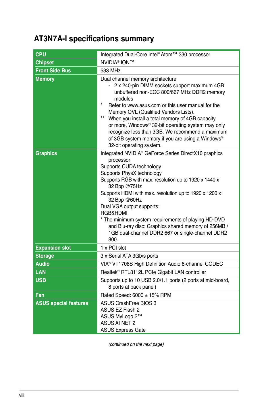 At3n7a-i specifications summary | Asus AT3N7A-I User Manual | Page 8 / 40