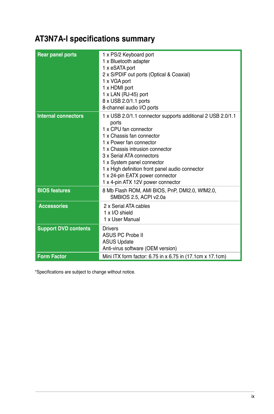 At3n7a-i specifications summary | Asus AT3N7A-I User Manual | Page 9 / 40