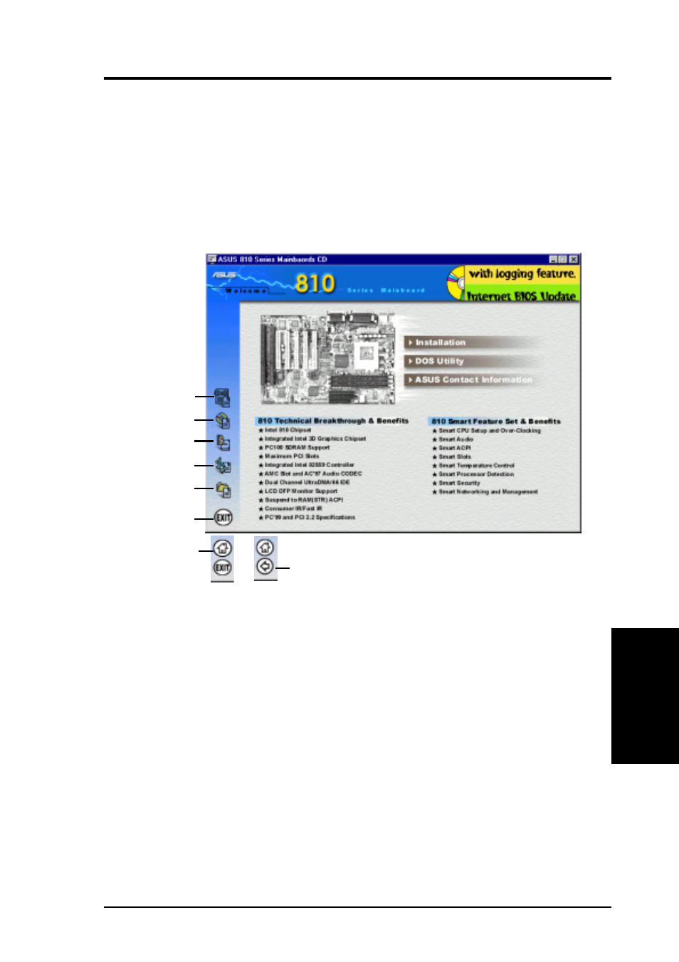 Software setup, 3 asus smart motherboard support cd, 1 support cd main menu | Navigation button descriptions | Asus 810E User Manual | Page 85 / 136
