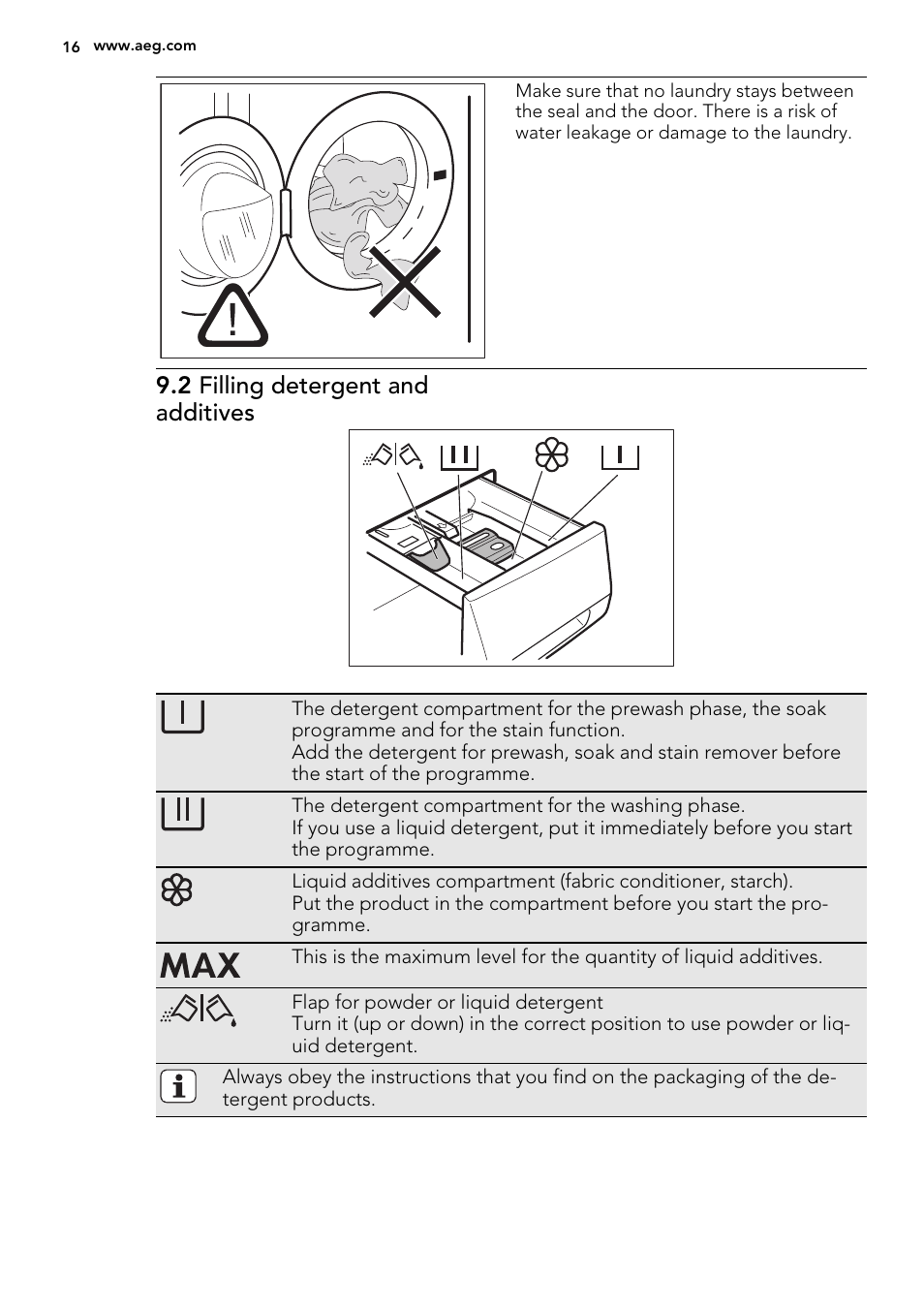 2 filling detergent and additives | AEG L61470WDBI User Manual | Page 16 / 76