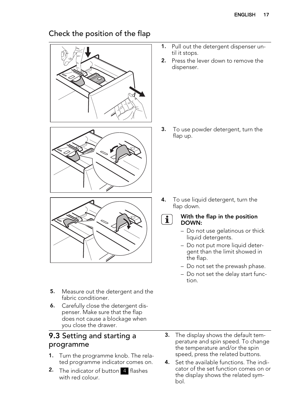 Check the position of the flap, 3 setting and starting a programme | AEG L61470WDBI User Manual | Page 17 / 76