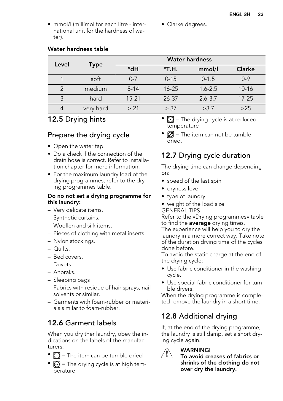 5 drying hints prepare the drying cycle, 6 garment labels, 7 drying cycle duration | 8 additional drying | AEG L61470WDBI User Manual | Page 23 / 76