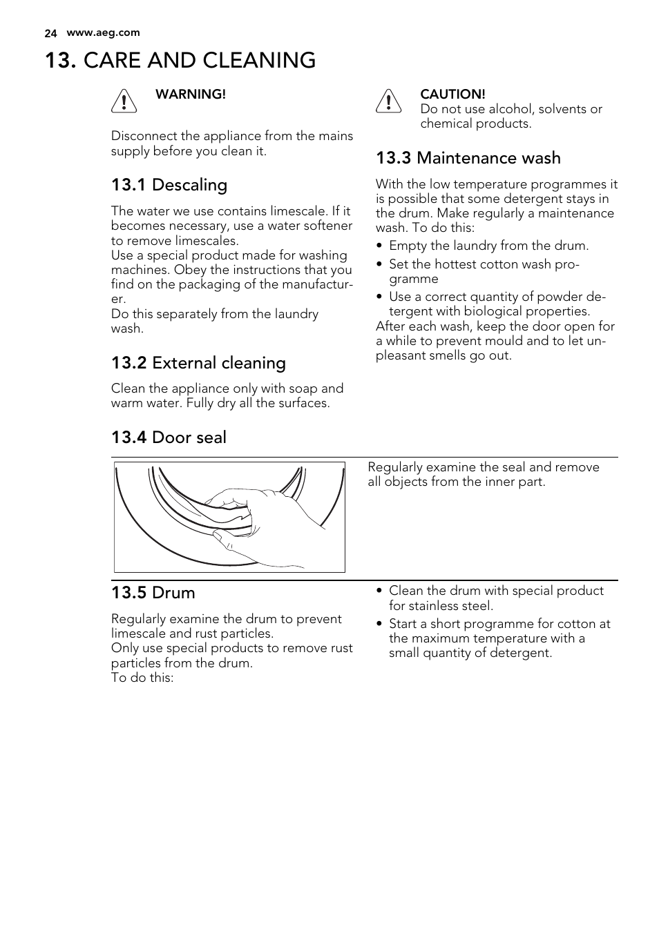 Care and cleaning, 1 descaling, 2 external cleaning | 3 maintenance wash, 4 door seal, 5 drum | AEG L61470WDBI User Manual | Page 24 / 76