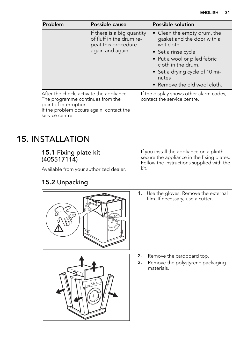 Installation, 2 unpacking | AEG L61470WDBI User Manual | Page 31 / 76