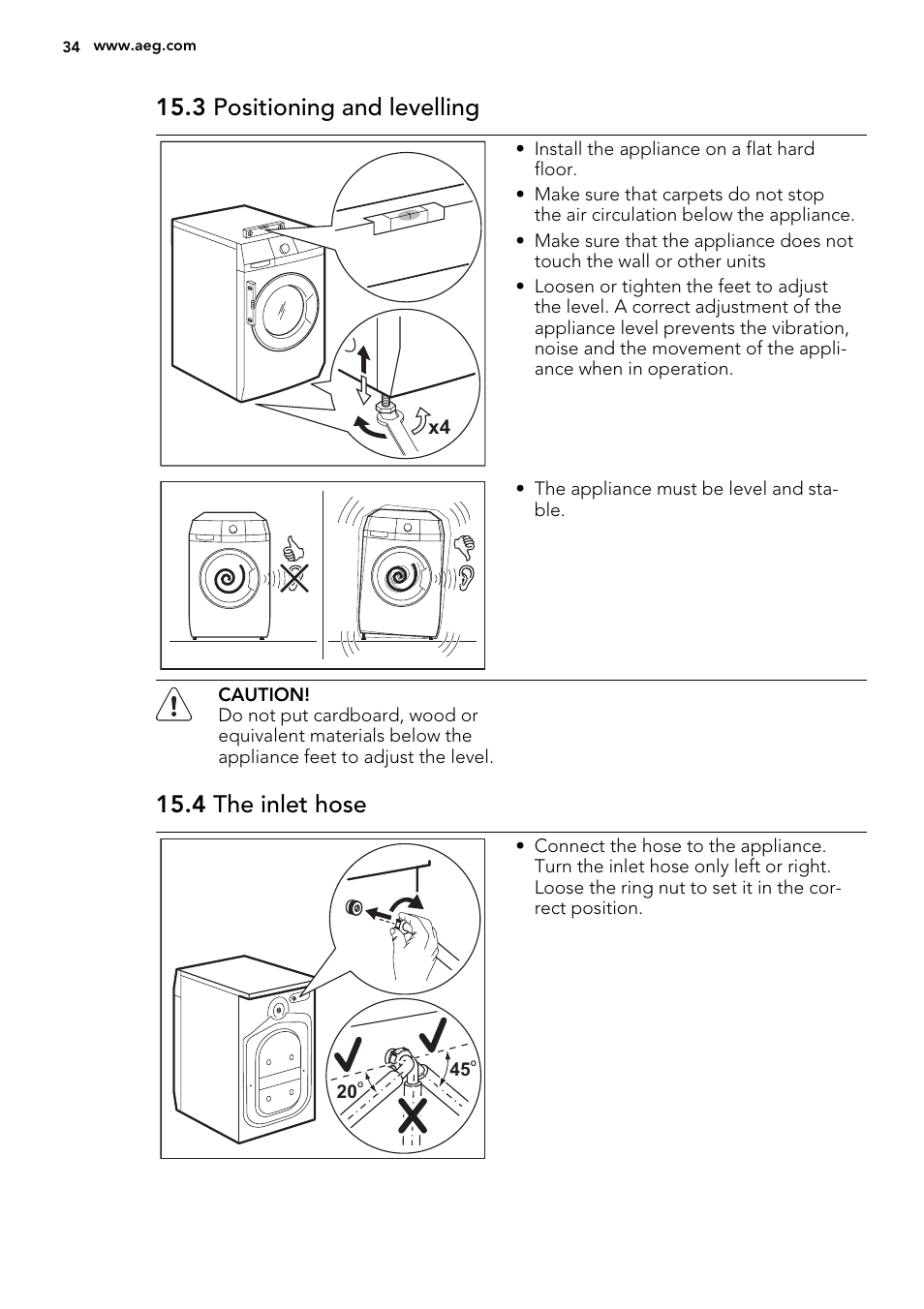 3 positioning and levelling, 4 the inlet hose | AEG L61470WDBI User Manual | Page 34 / 76