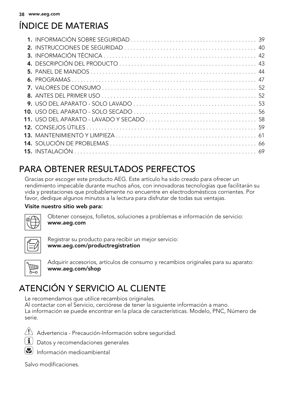 Índice de materias, Para obtener resultados perfectos, Atención y servicio al cliente | AEG L61470WDBI User Manual | Page 38 / 76
