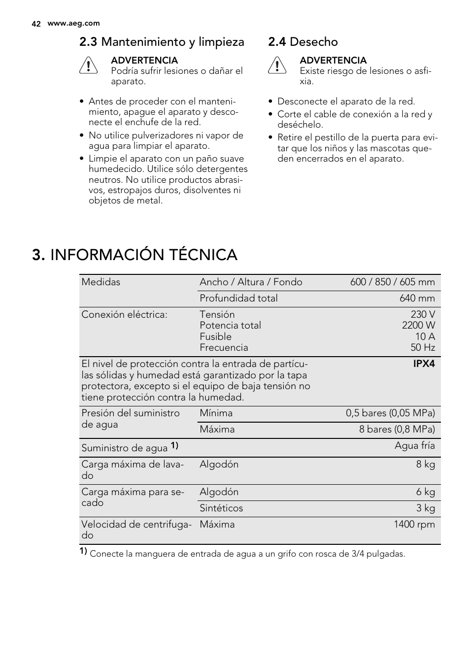 Información técnica, 3 mantenimiento y limpieza, 4 desecho | AEG L61470WDBI User Manual | Page 42 / 76