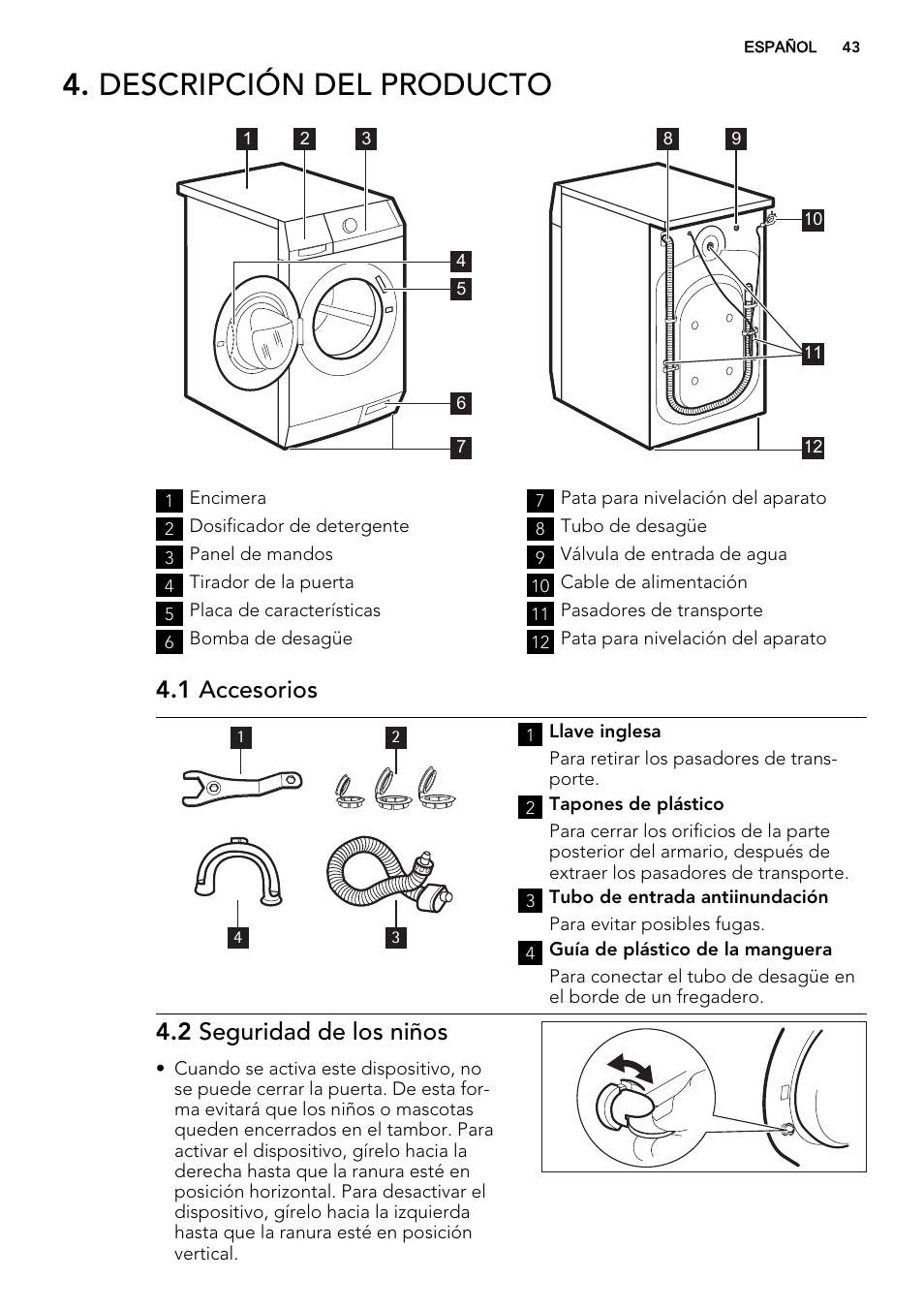 Descripción del producto, 1 accesorios, 2 seguridad de los niños | AEG L61470WDBI User Manual | Page 43 / 76