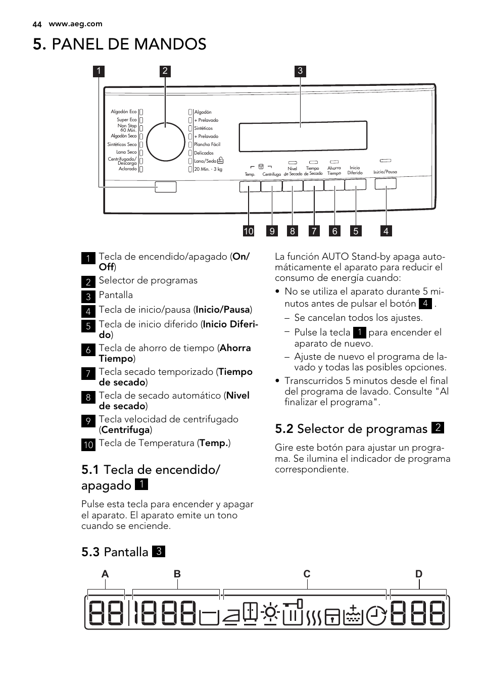 Panel de mandos, 1 tecla de encendido/ apagado, 2 selector de programas | 3 pantalla, 3b a d c | AEG L61470WDBI User Manual | Page 44 / 76