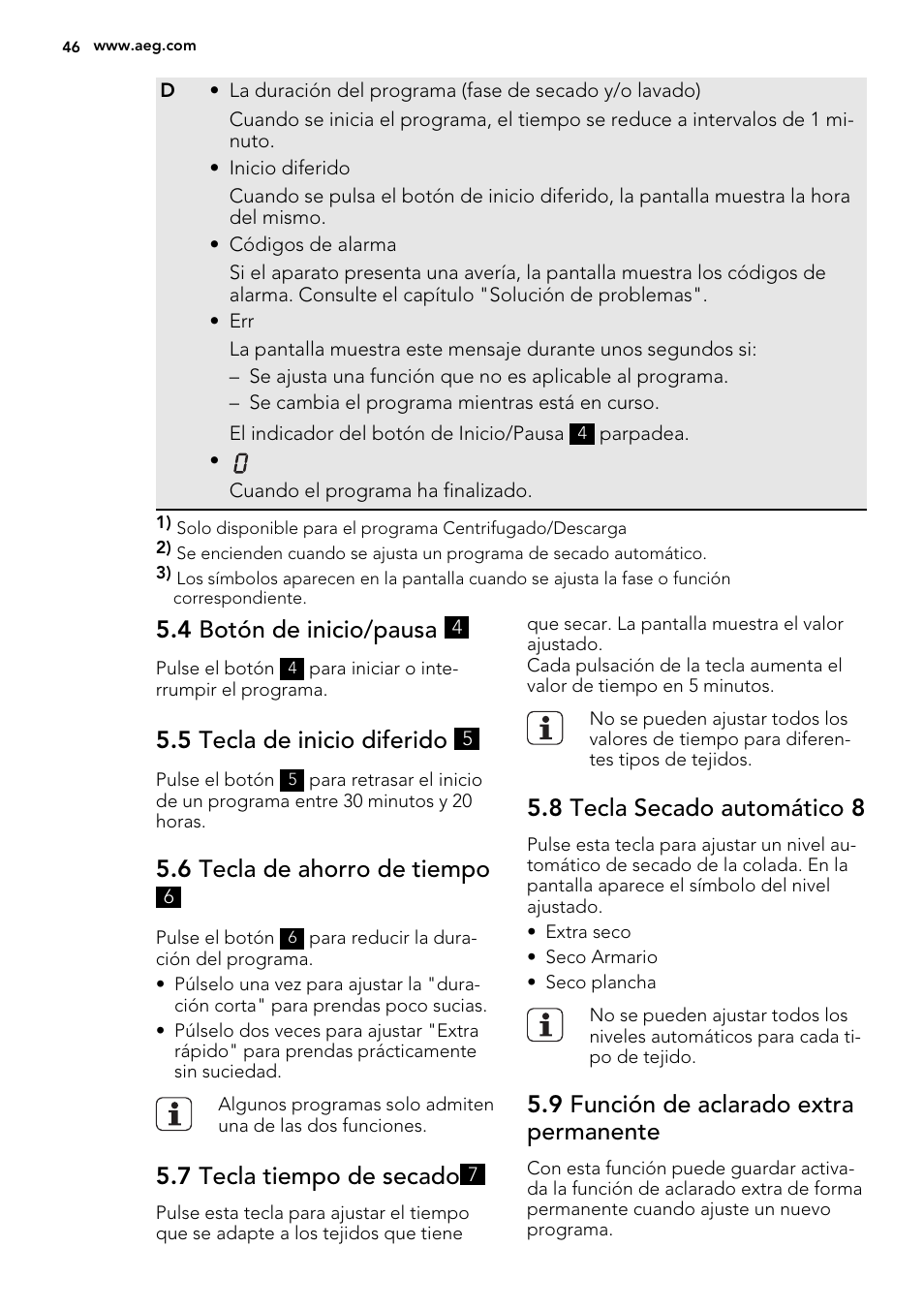 4 botón de inicio/pausa, 5 tecla de inicio diferido, 6 tecla de ahorro de tiempo | 7 tecla tiempo de secado, 8 tecla secado automático 8, 9 función de aclarado extra permanente | AEG L61470WDBI User Manual | Page 46 / 76