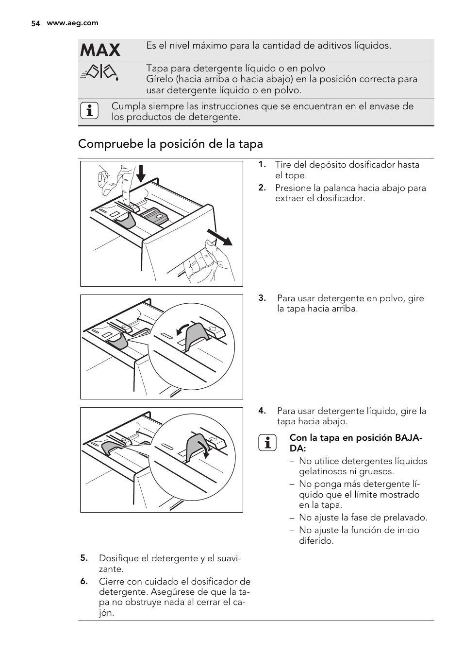 Compruebe la posición de la tapa | AEG L61470WDBI User Manual | Page 54 / 76