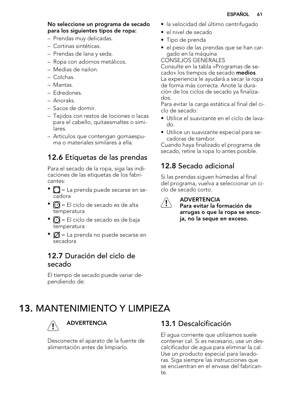 Mantenimiento y limpieza, 6 etiquetas de las prendas, 7 duración del ciclo de secado | 8 secado adicional, 1 descalcificación | AEG L61470WDBI User Manual | Page 61 / 76