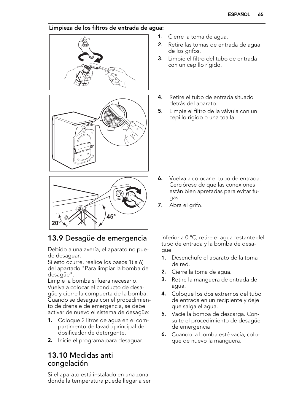 9 desagüe de emergencia, 10 medidas anti congelación | AEG L61470WDBI User Manual | Page 65 / 76