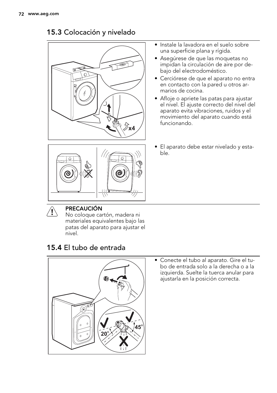 3 colocación y nivelado, 4 el tubo de entrada | AEG L61470WDBI User Manual | Page 72 / 76