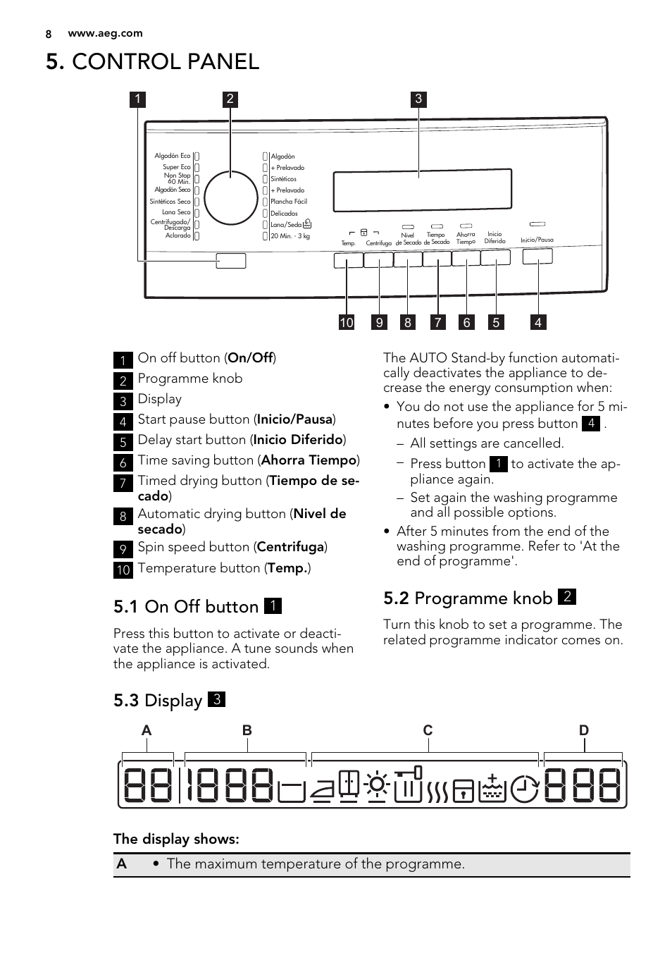 Control panel, 1 on off button, 2 programme knob | 3 display | AEG L61470WDBI User Manual | Page 8 / 76