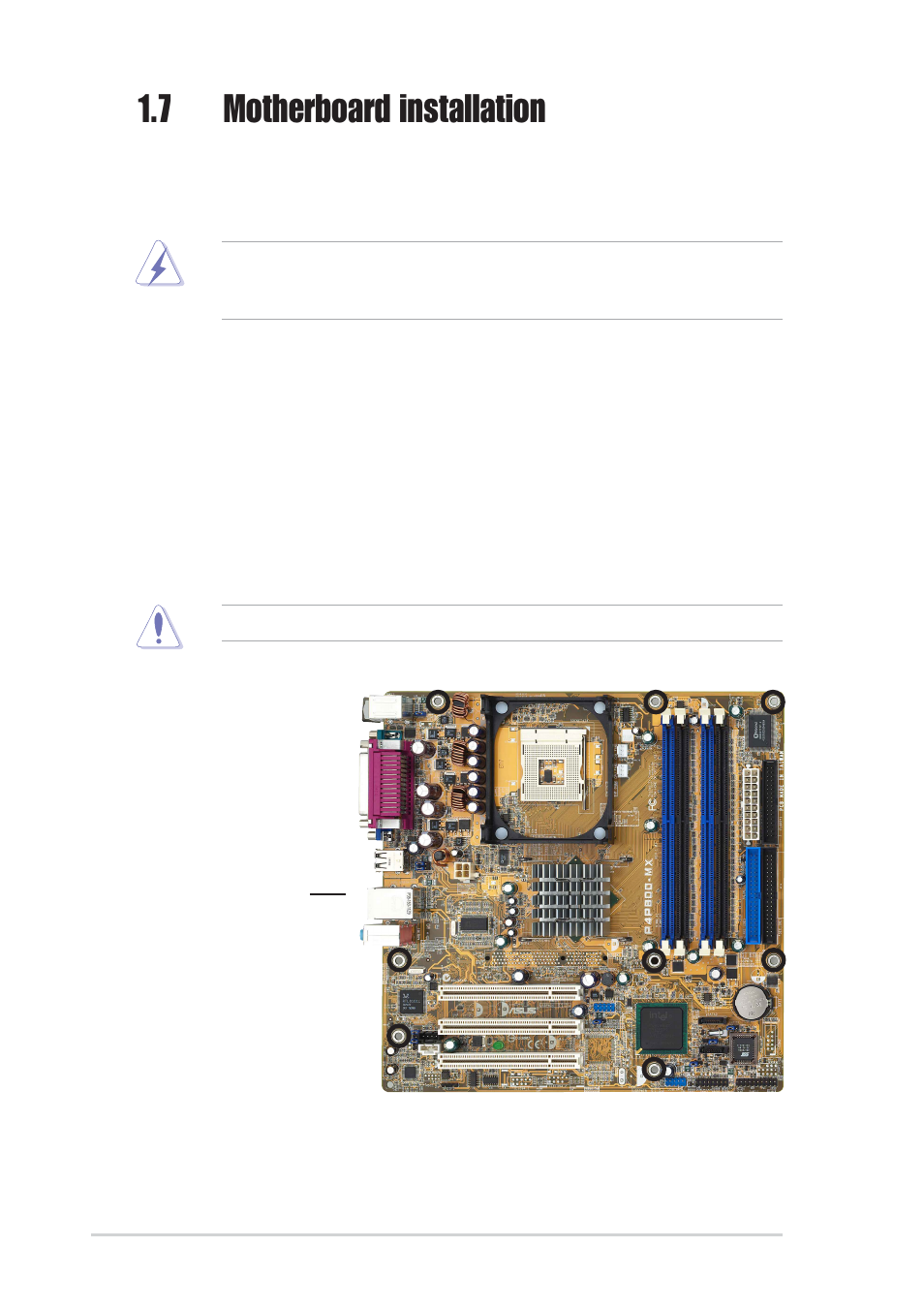 7 motherboard installation, 1 placement direction, 2 screw holes | Asus P4P800-MX User Manual | Page 20 / 72