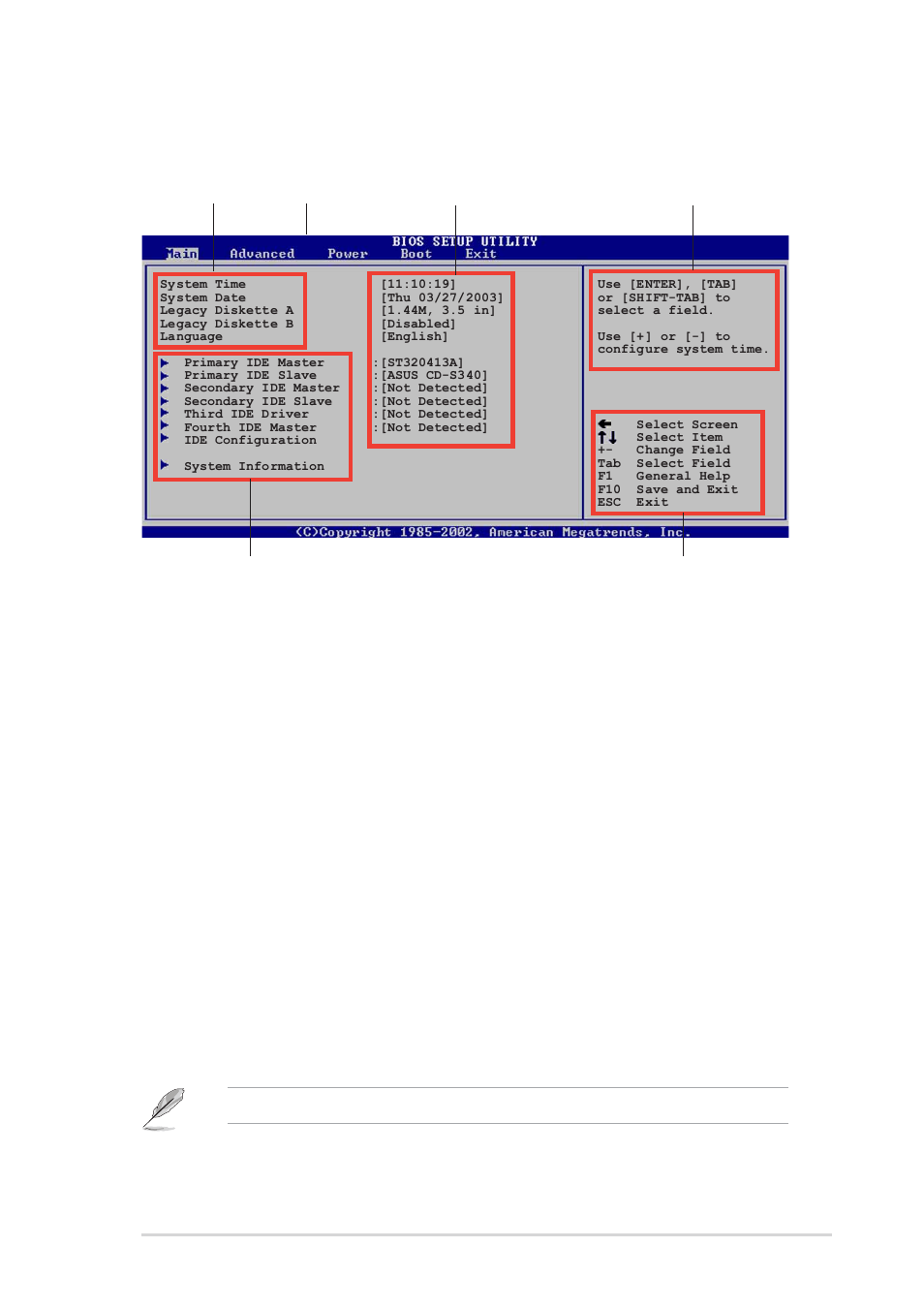 2 menu bar, 1 bios menu screen, 3 navigation keys | Asus P4P800-MX User Manual | Page 45 / 72