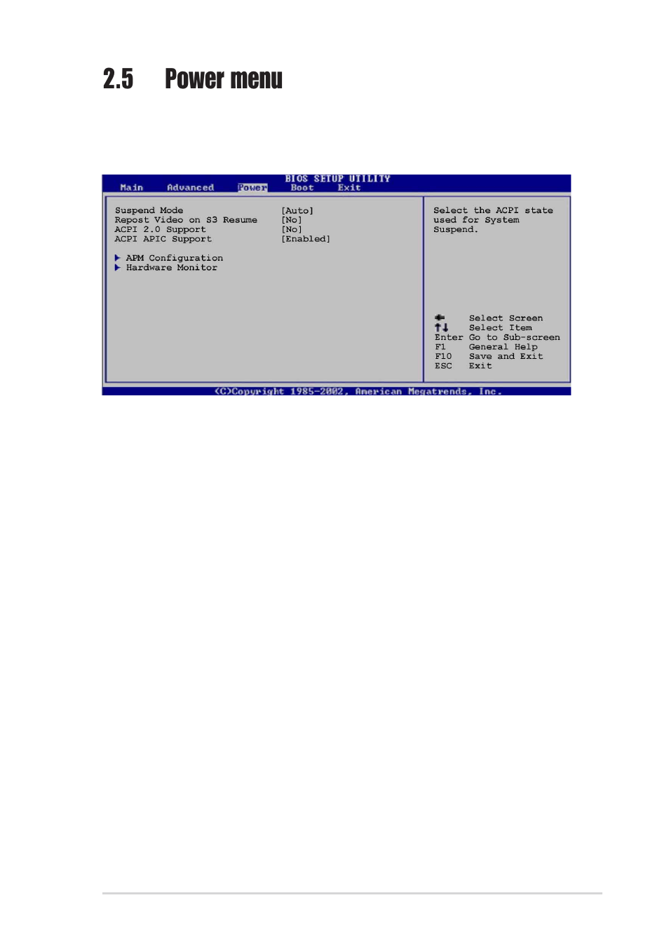 5 power menu, 1 suspend mode [auto, 2 repost video on s3 resume [no | 3 acpi 2.0 support [no, 4 acpi apic support [enabled | Asus P4P800-MX User Manual | Page 59 / 72