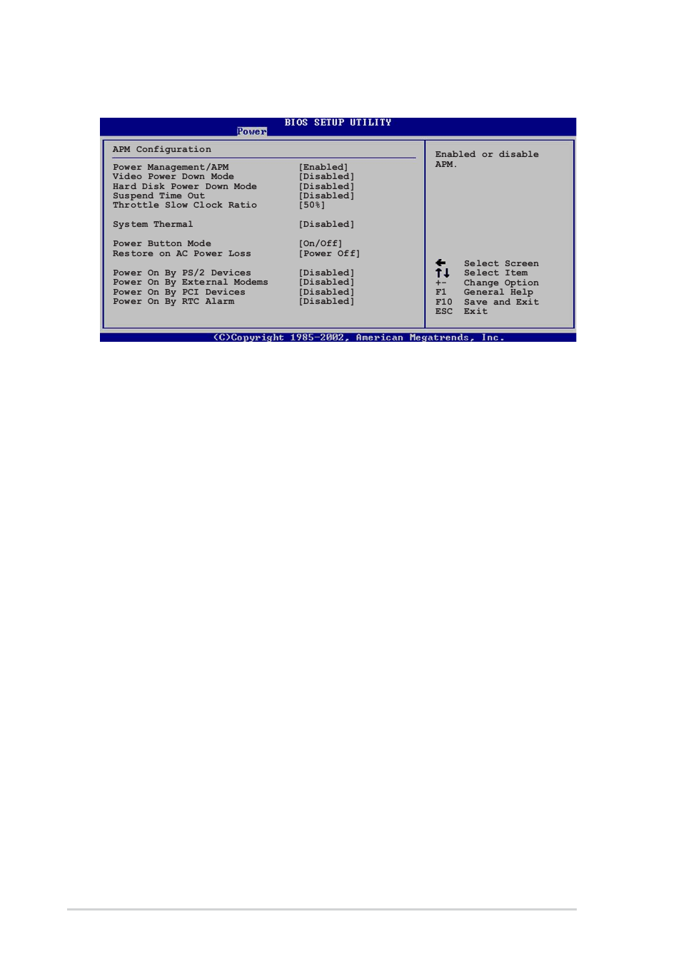 5 apm configuration, Power management/apm [enabled, Video power down mode [disabled | Hard disk power down mode [disabled, Throttle slow clock ratio [50, System thermal [disabled, Power button mode [on/off, Restore on ac power loss [power off | Asus P4P800-MX User Manual | Page 60 / 72