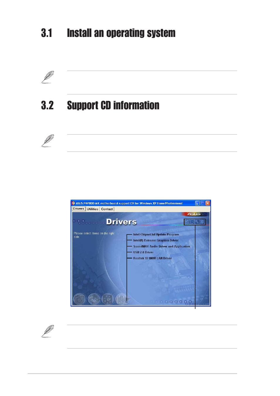 1 install an operating system, 2 support cd information, 1 running the support cd | Asus P4P800-MX User Manual | Page 70 / 72