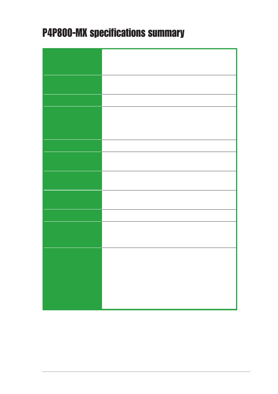 P4p800-mx specifications summary | Asus P4P800-MX User Manual | Page 9 / 72