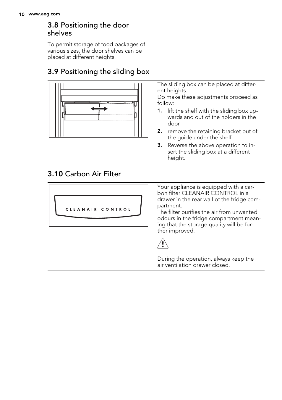 8 positioning the door shelves, 9 positioning the sliding box, 10 carbon air filter | AEG SCT71800S1 User Manual | Page 10 / 76