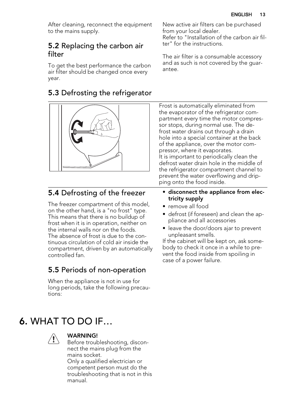 What to do if, 2 replacing the carbon air filter, 3 defrosting the refrigerator | 4 defrosting of the freezer, 5 periods of non-operation | AEG SCT71800S1 User Manual | Page 13 / 76