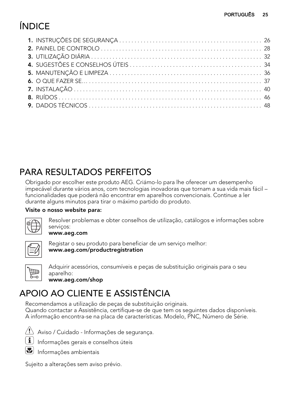 Índice, Para resultados perfeitos, Apoio ao cliente e assistência | AEG SCT71800S1 User Manual | Page 25 / 76